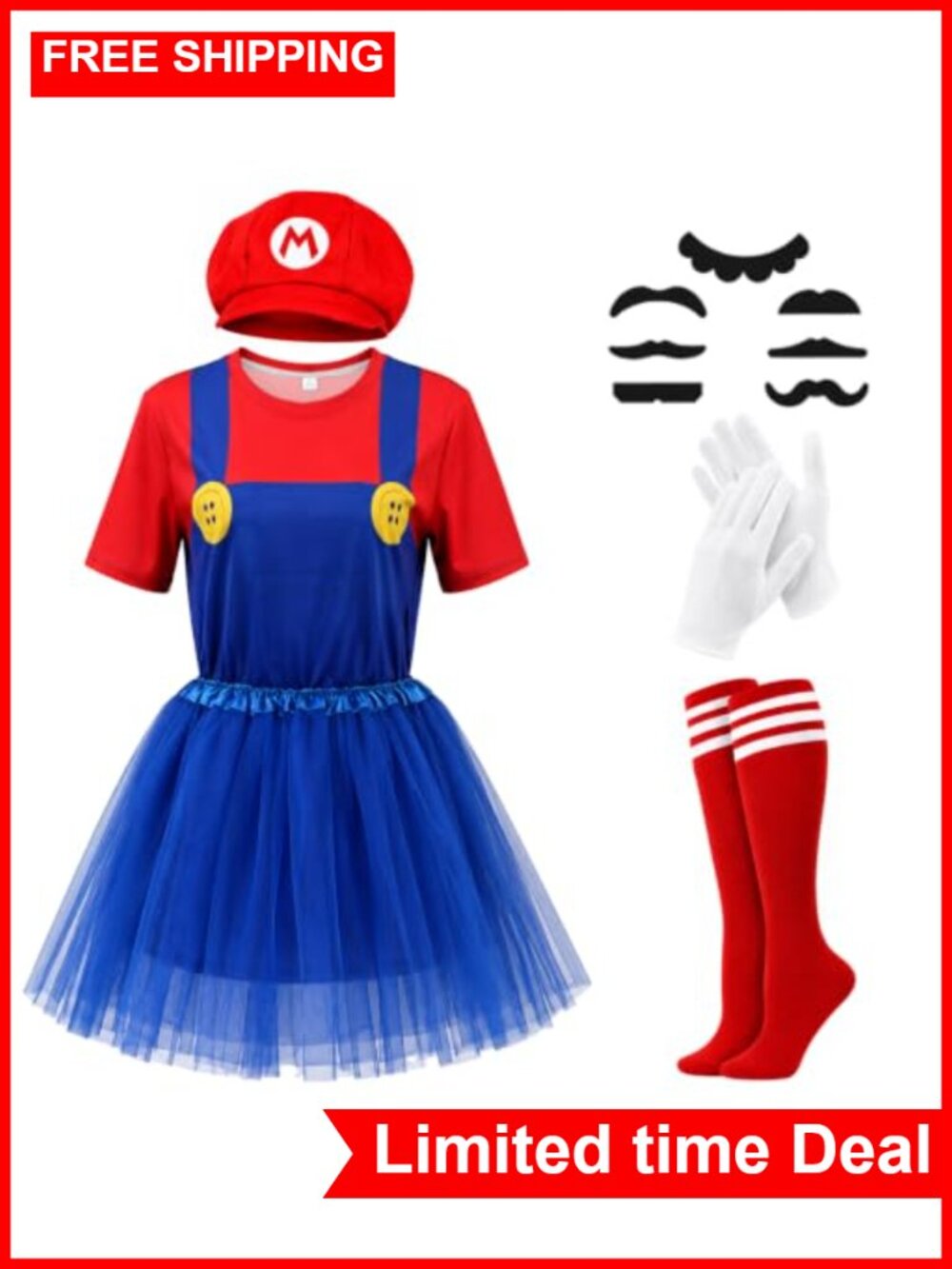 Plumber Costume Set Women Tee Hat Mustache Skirt Gloves Socks